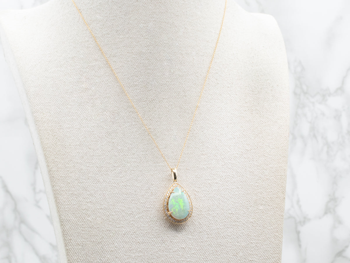 Modern Teardrop Opal Halo Pendant Necklace