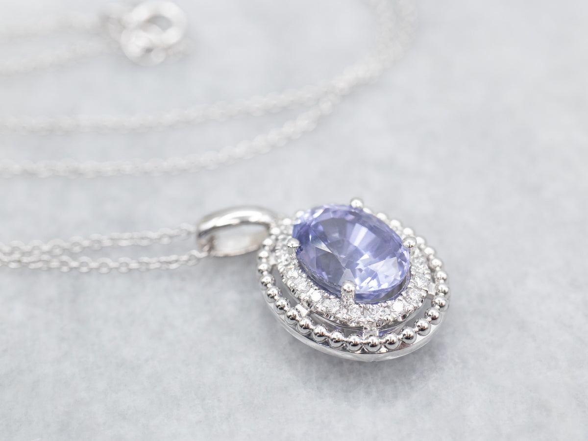 Sapphire and Double Diamond Halo Pendant Necklace