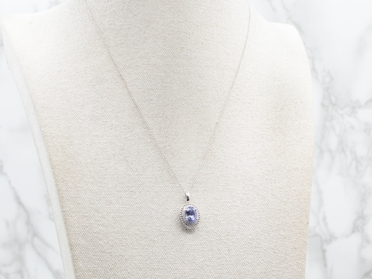 Sapphire and Double Diamond Halo Pendant Necklace