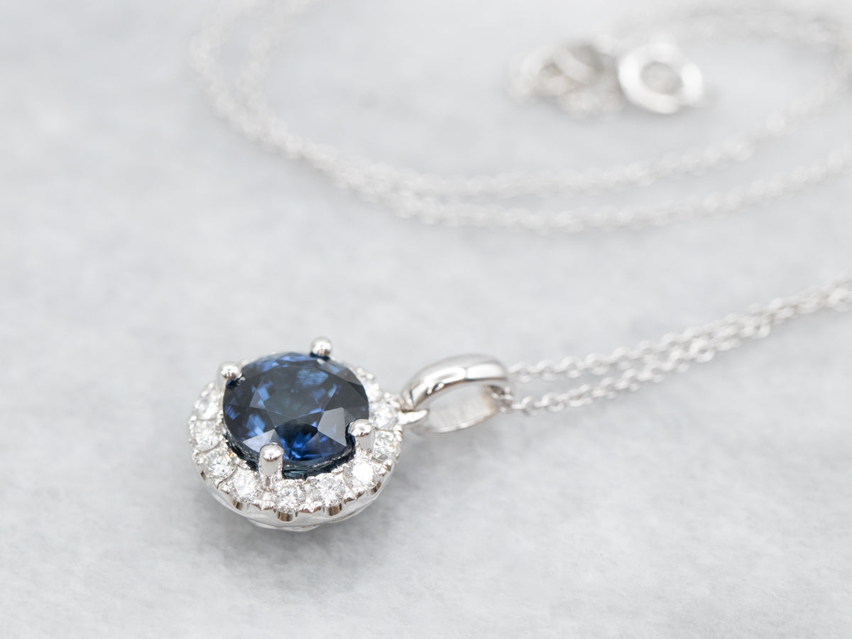 Sapphire and Diamond Halo Pendant Necklace