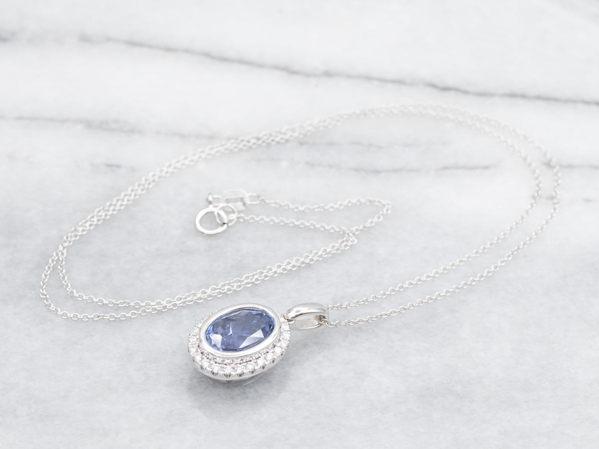 Bezel Set Sapphire Halo Pendant Necklace