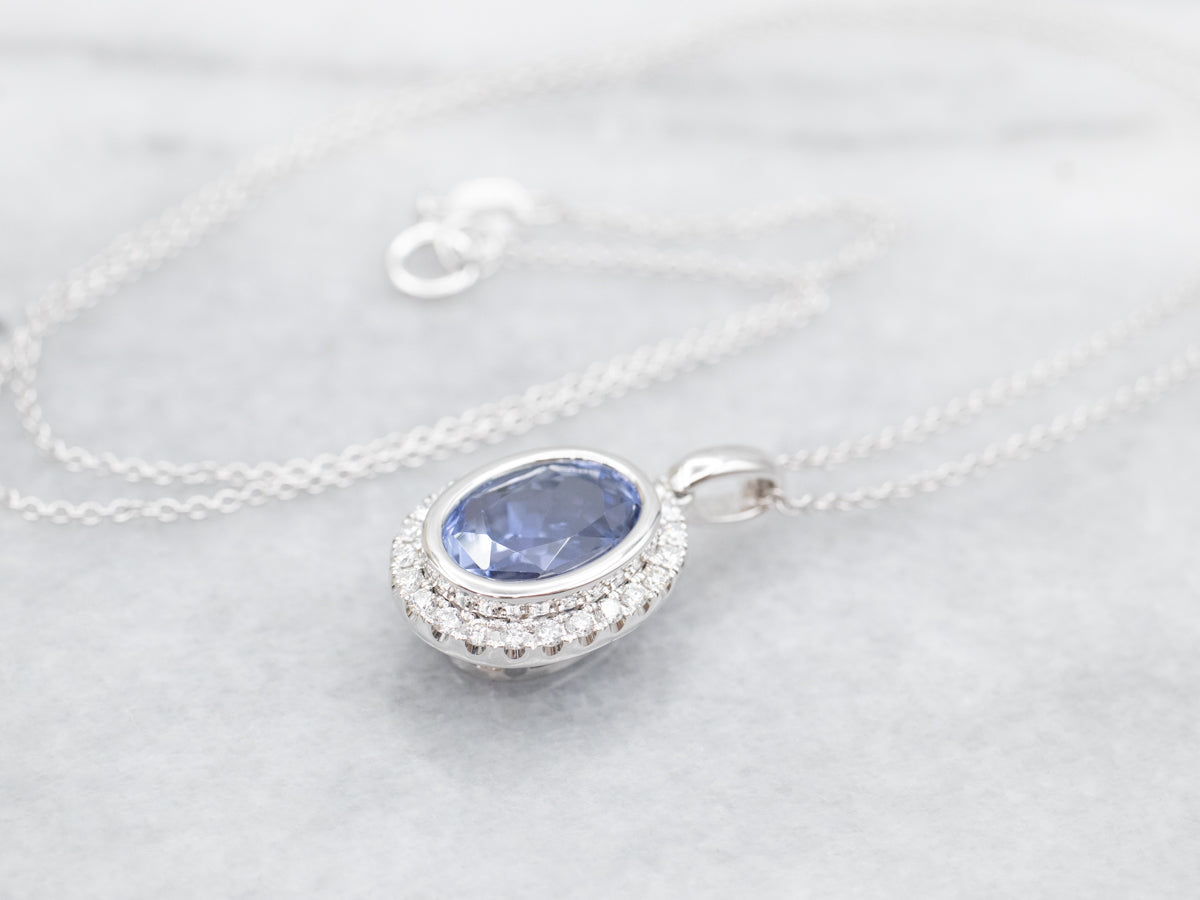 Bezel Set Sapphire Halo Pendant Necklace