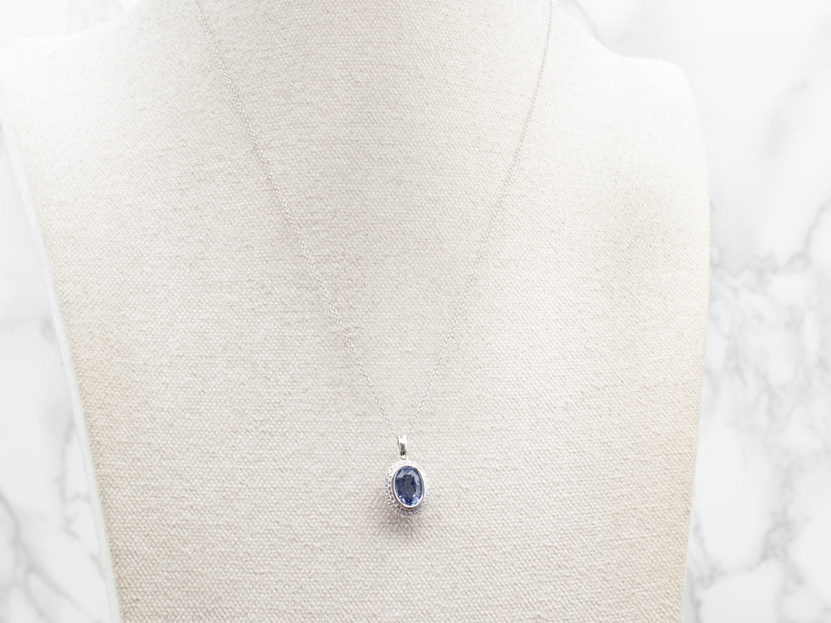 Bezel Set Sapphire Halo Pendant Necklace