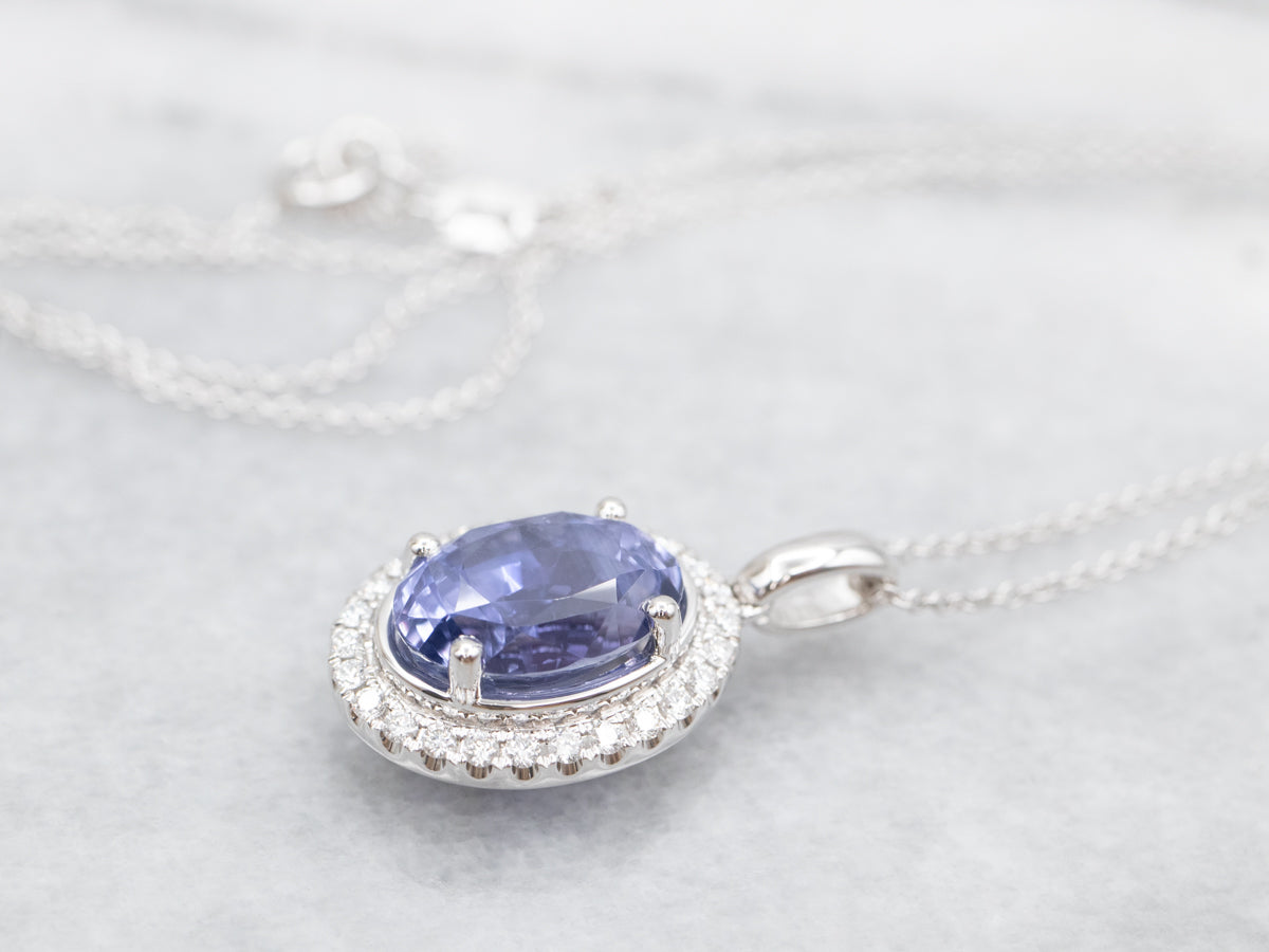 Modern Sapphire Halo Pendant Necklace