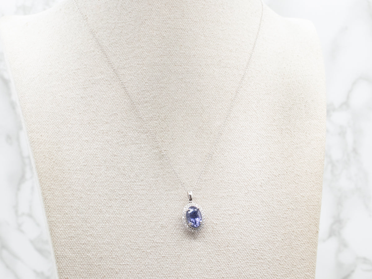 Modern Sapphire Halo Pendant Necklace