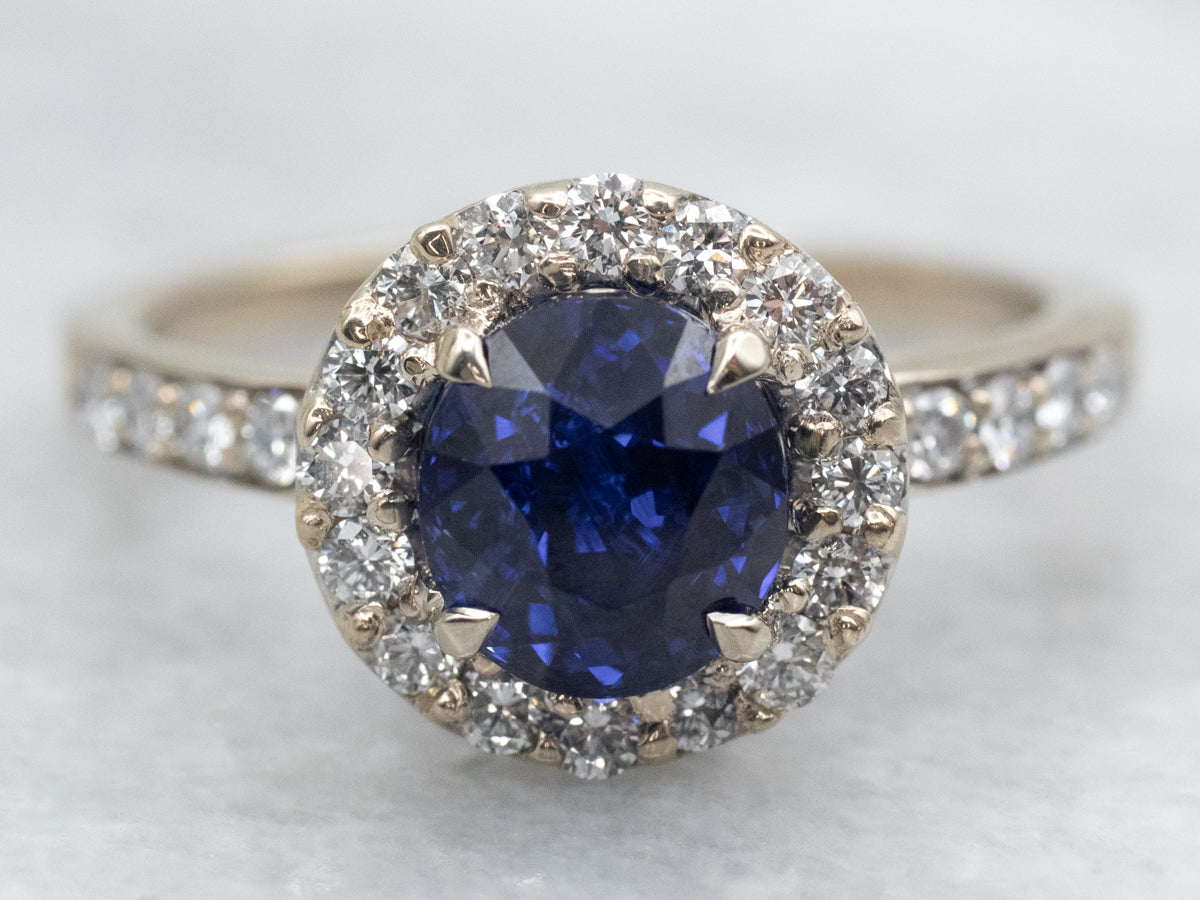 Modern Sapphire and Diamond Halo Ring