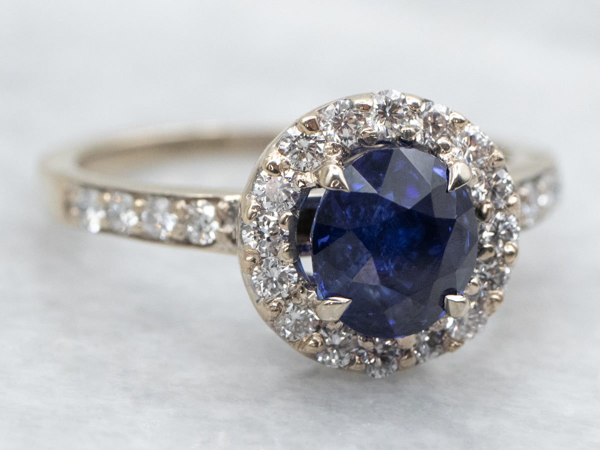 Modern Sapphire and Diamond Halo Ring