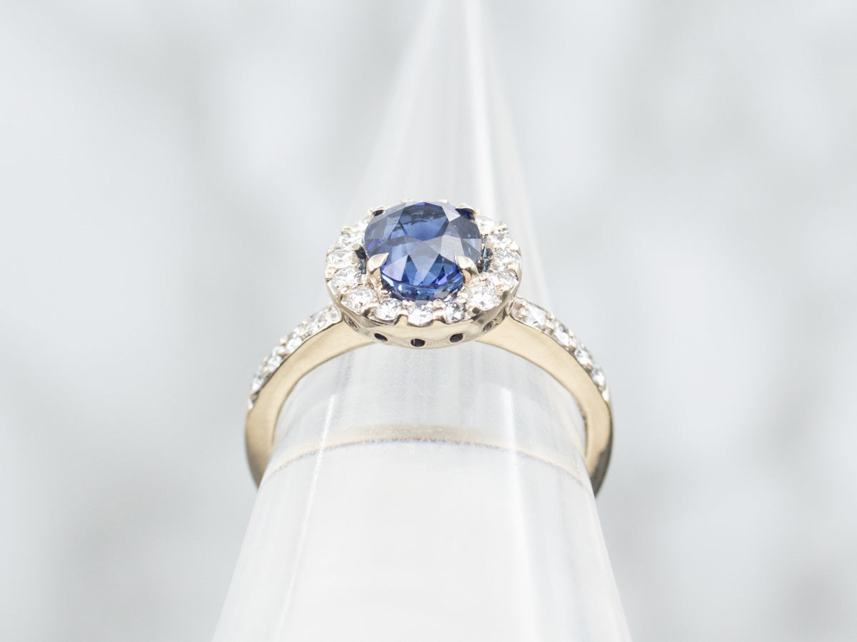 Modern Sapphire and Diamond Halo Ring