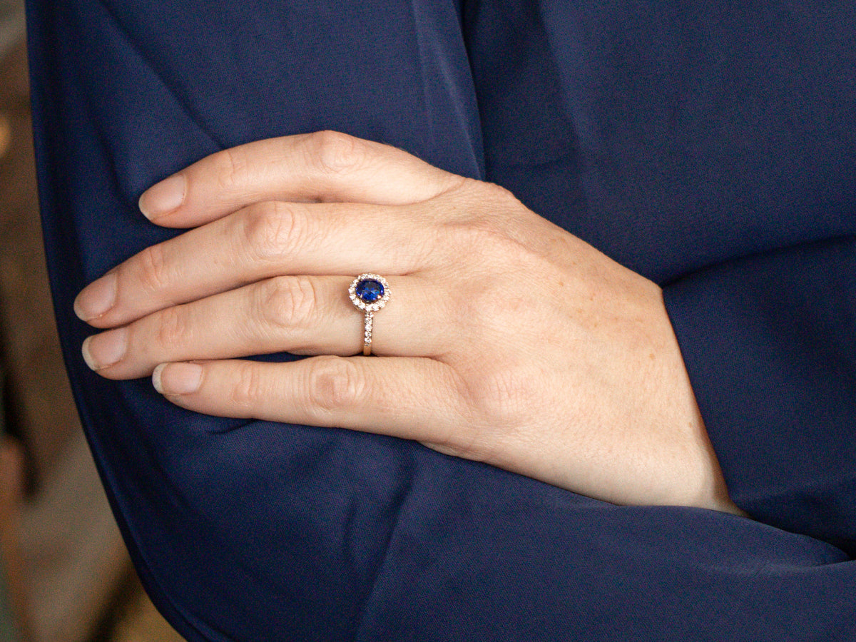 Modern Sapphire and Diamond Halo Ring