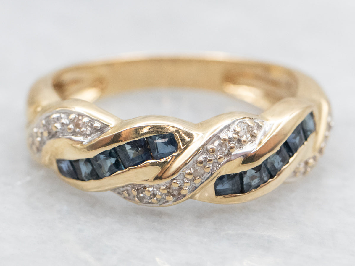 Modern Gold Sapphire and Diamond Twisted Band