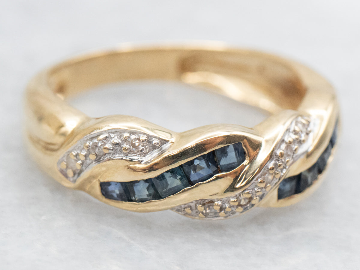 Modern Gold Sapphire and Diamond Twisted Band