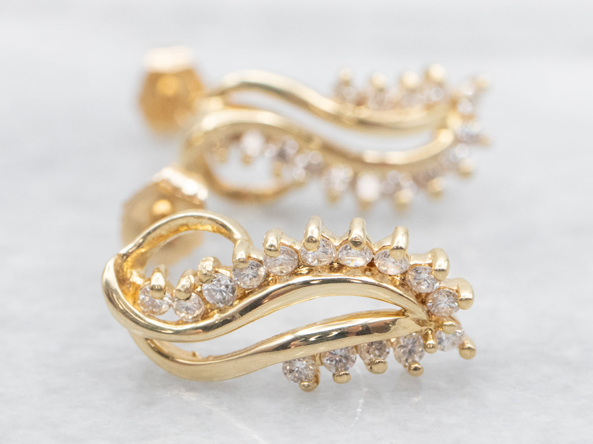 Swirling Gold and Diamond Drop Earrings