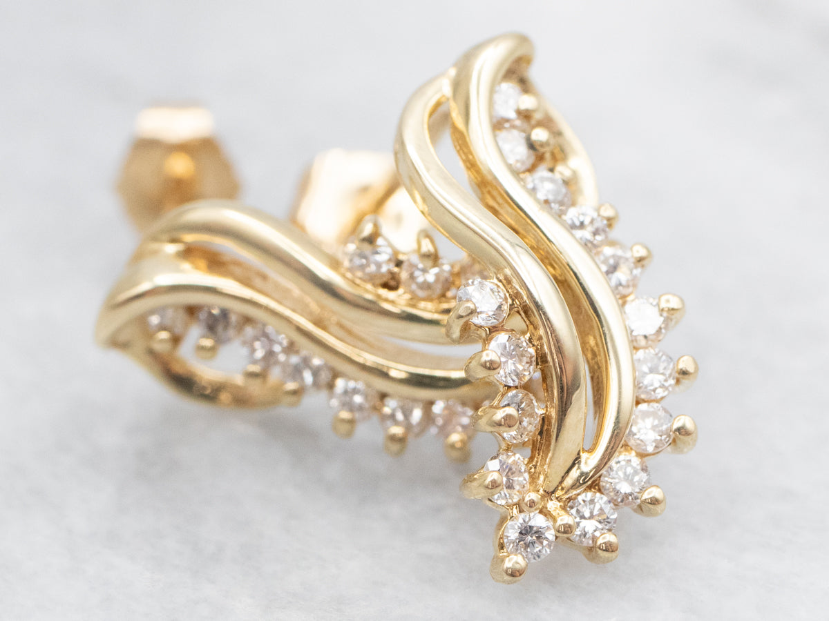 Swirling Gold and Diamond Drop Earrings