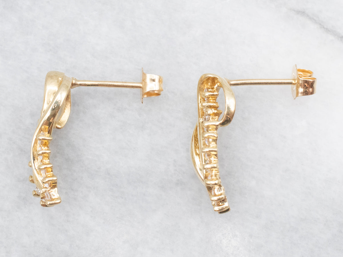 Swirling Gold and Diamond Drop Earrings