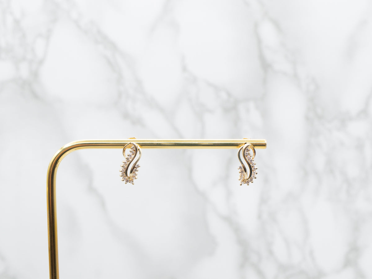 Swirling Gold and Diamond Drop Earrings
