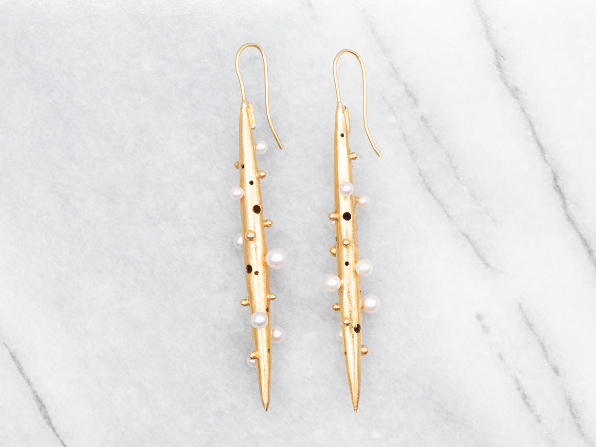 Brushed Gold and Pearl Drop Earrings