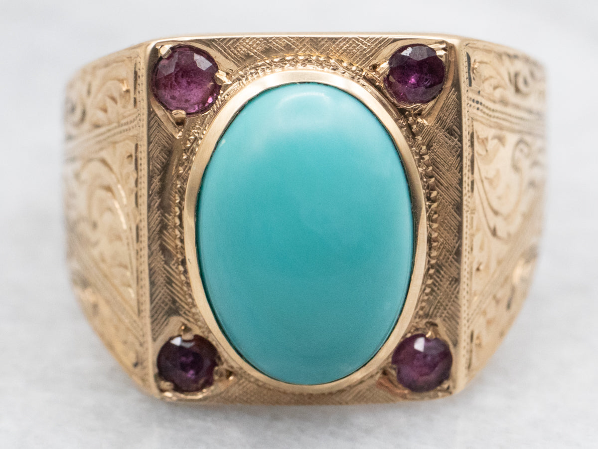 Ornate Turquoise and Ruby Statement Ring
