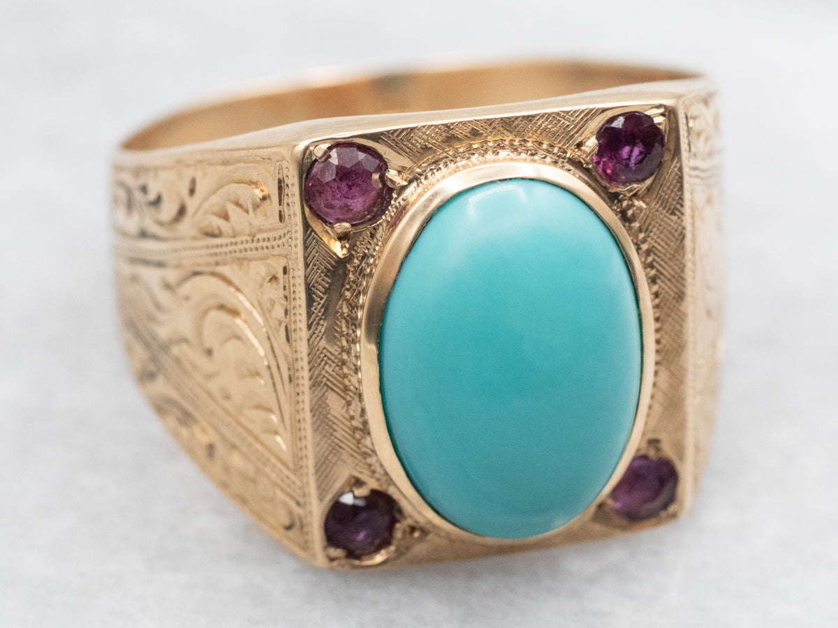 Ornate Turquoise and Ruby Statement Ring