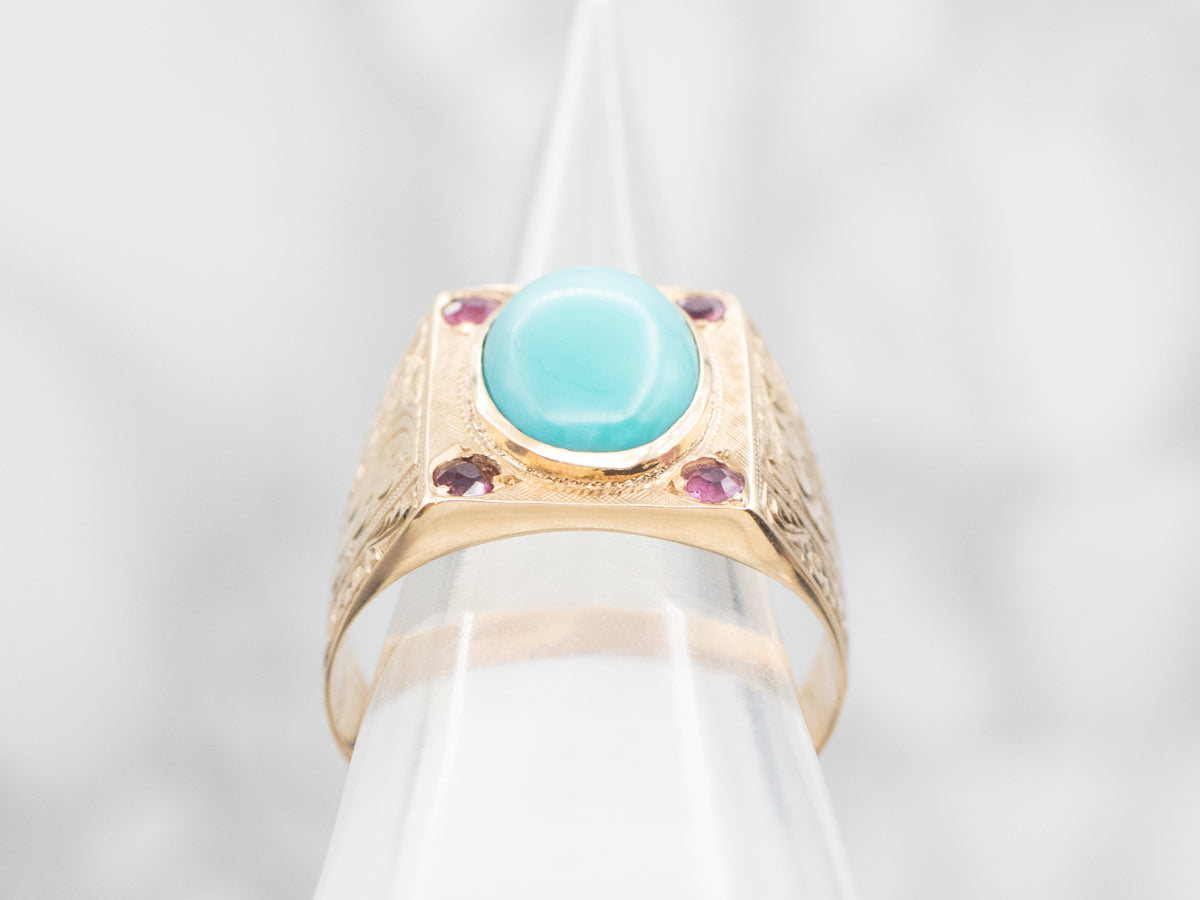 Ornate Turquoise and Ruby Statement Ring
