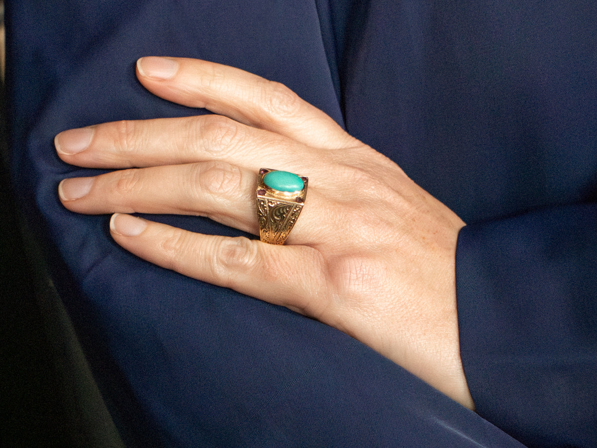 Ornate Turquoise and Ruby Statement Ring