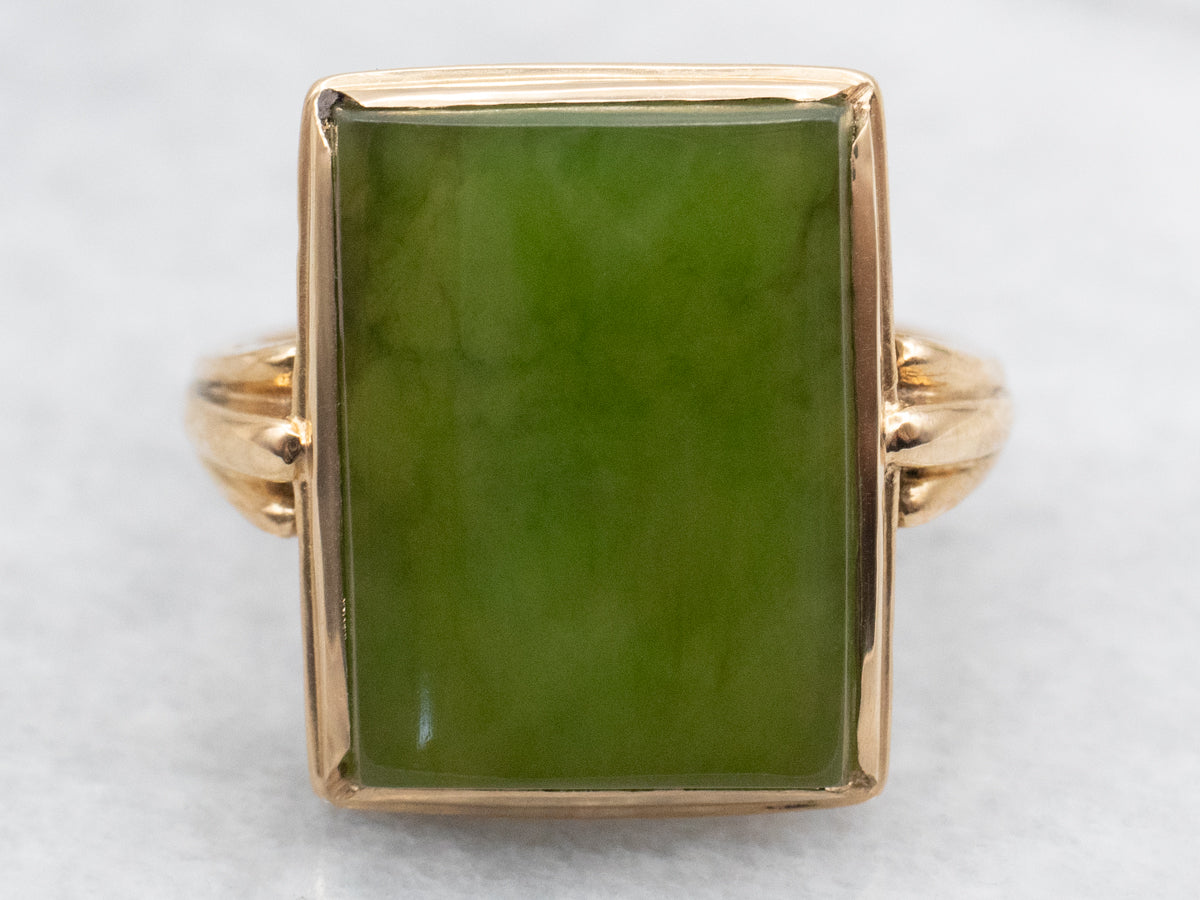Mid-Century Rectangular Cut Nephrite Jade Ring