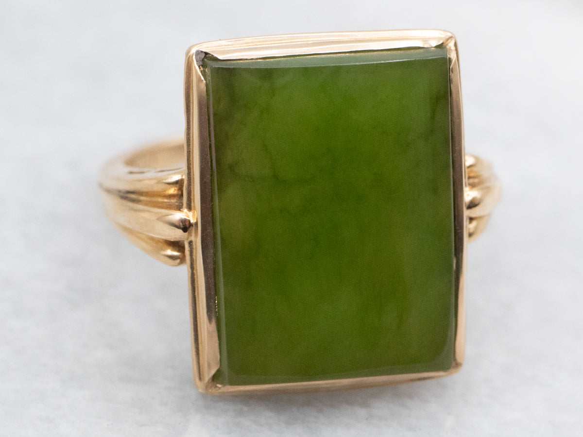 Mid-Century Rectangular Cut Nephrite Jade Ring