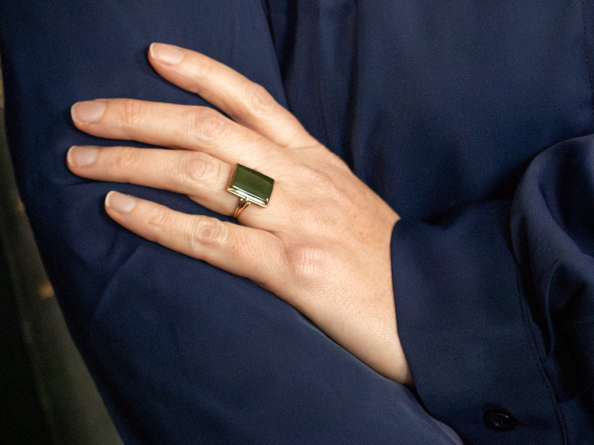 Mid-Century Rectangular Cut Nephrite Jade Ring