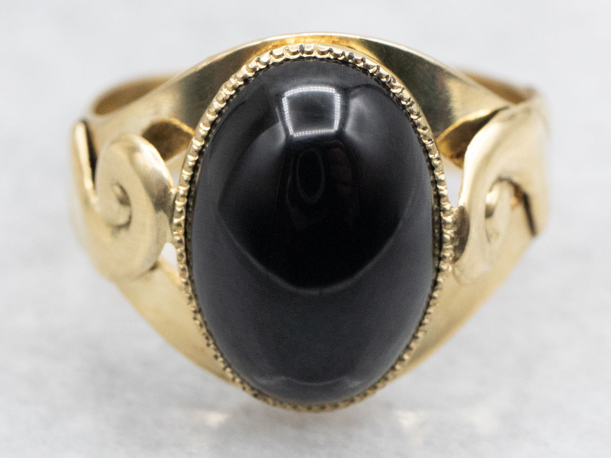 Swirling Shoulders Italian Gold Black Onyx Solitaire Ring