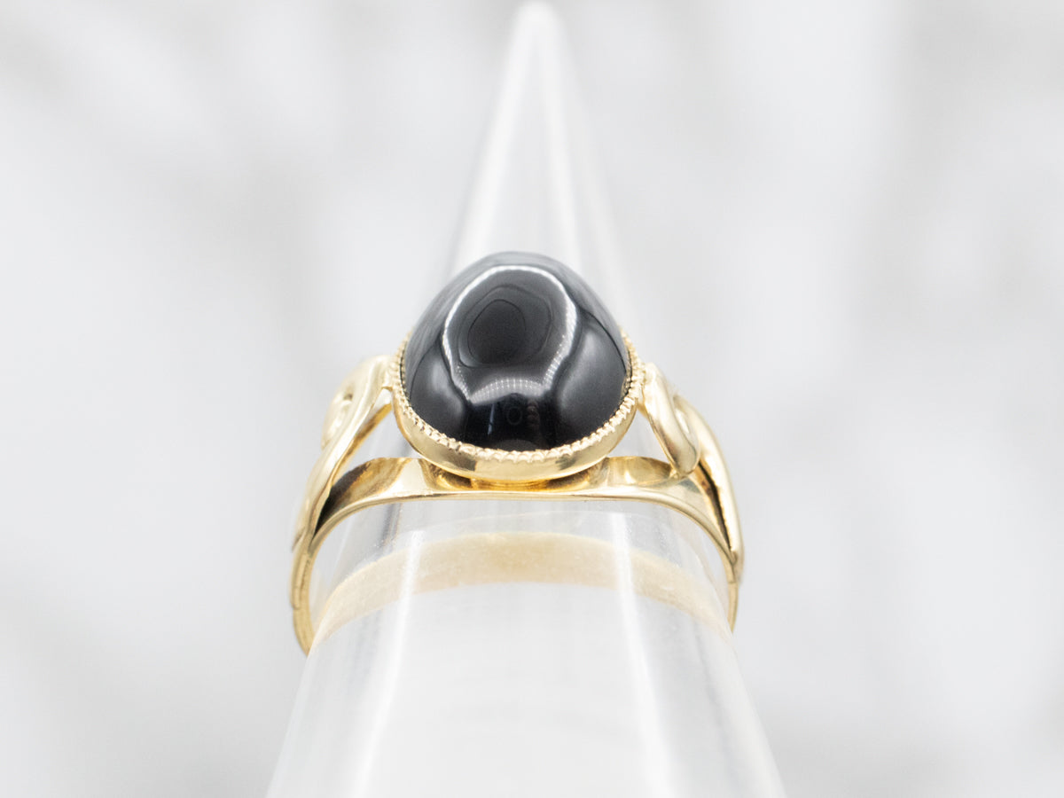 Swirling Shoulders Italian Gold Black Onyx Solitaire Ring
