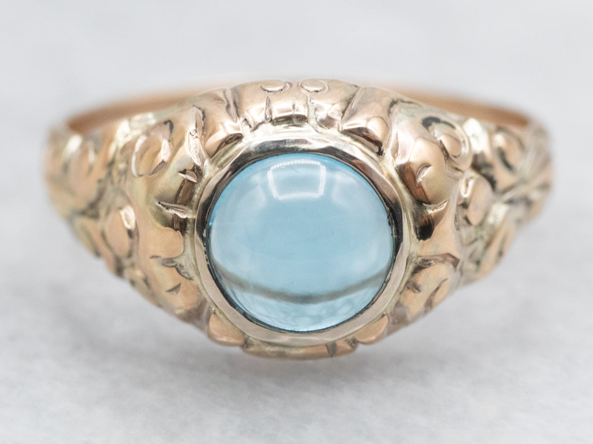 Ornate Antique Blue Topaz Cabochon Solitaire Ring