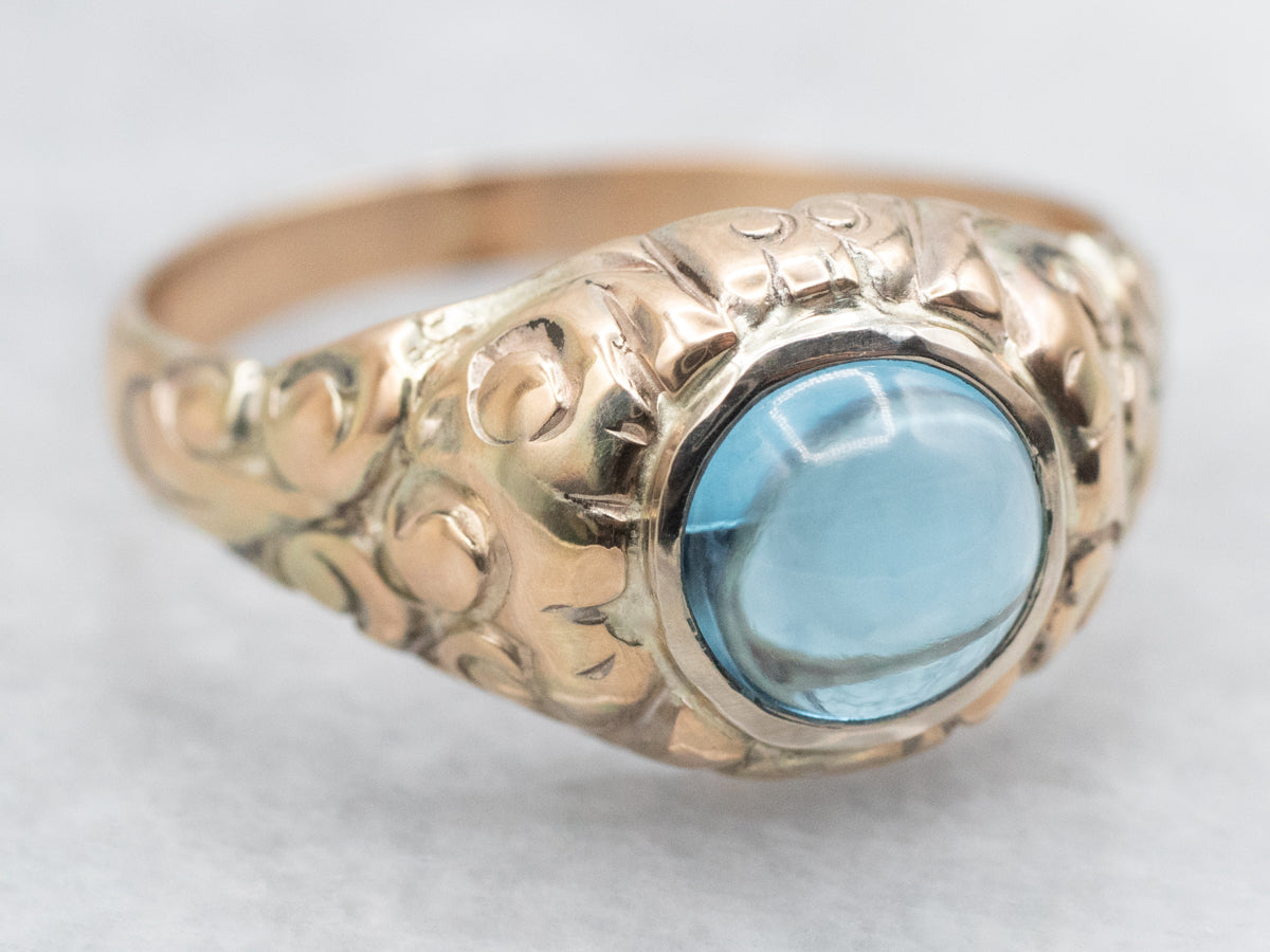 Ornate Antique Blue Topaz Cabochon Solitaire Ring