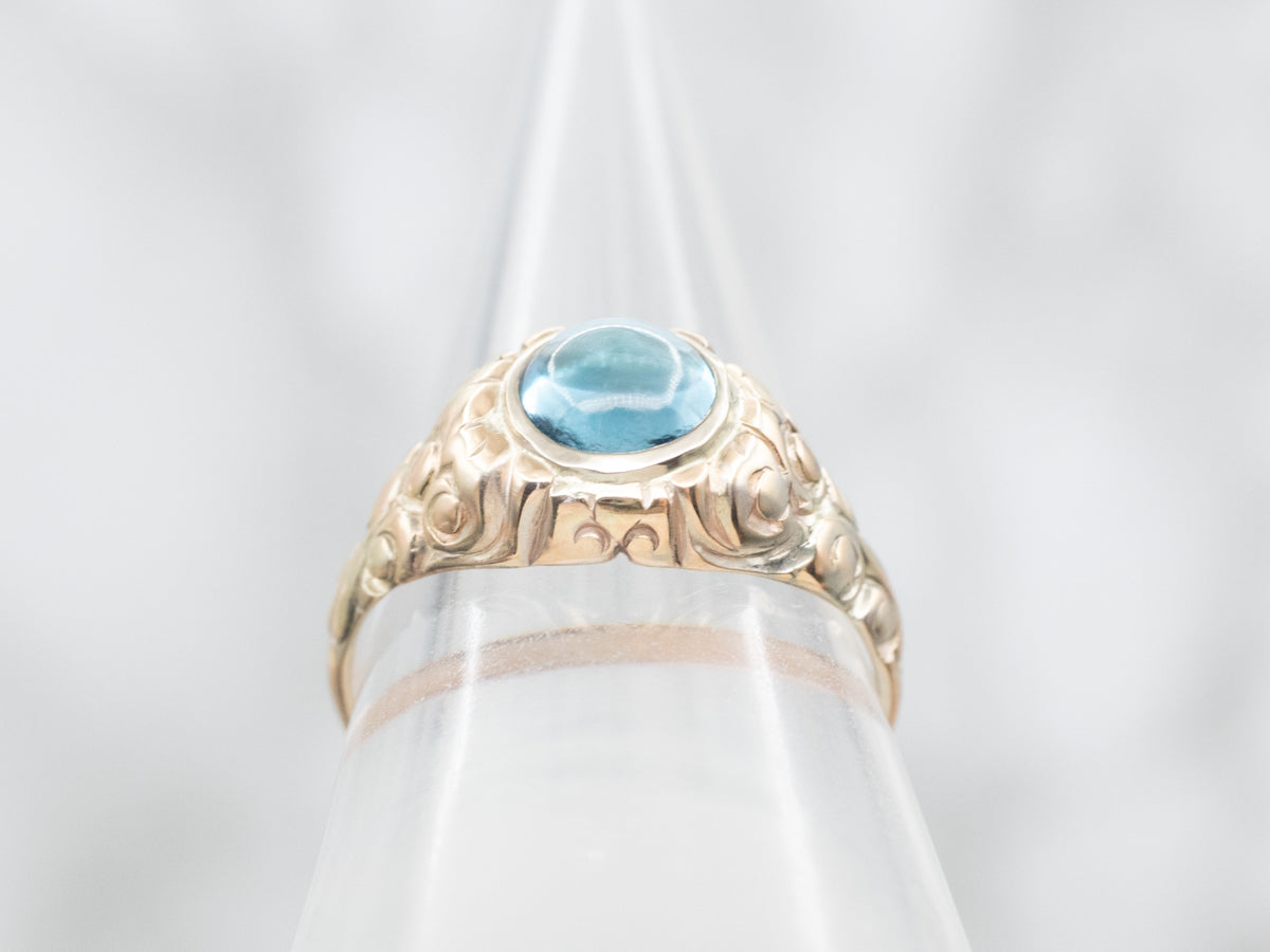 Ornate Antique Blue Topaz Cabochon Solitaire Ring