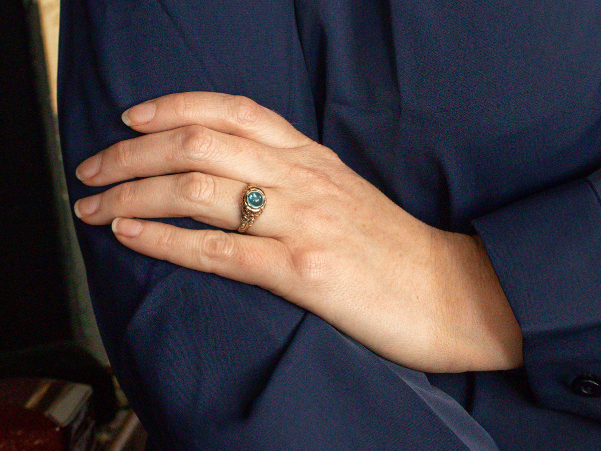 Ornate Antique Blue Topaz Cabochon Solitaire Ring