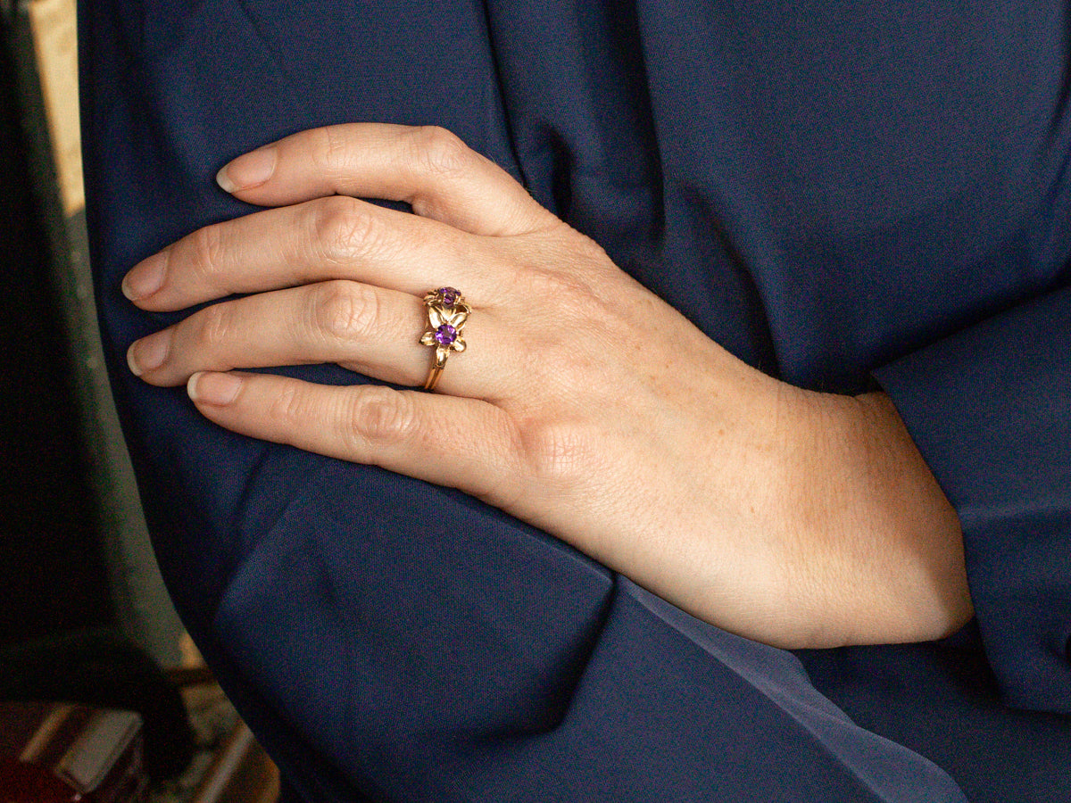 Yellow Gold Amethyst Double Blossom Ring