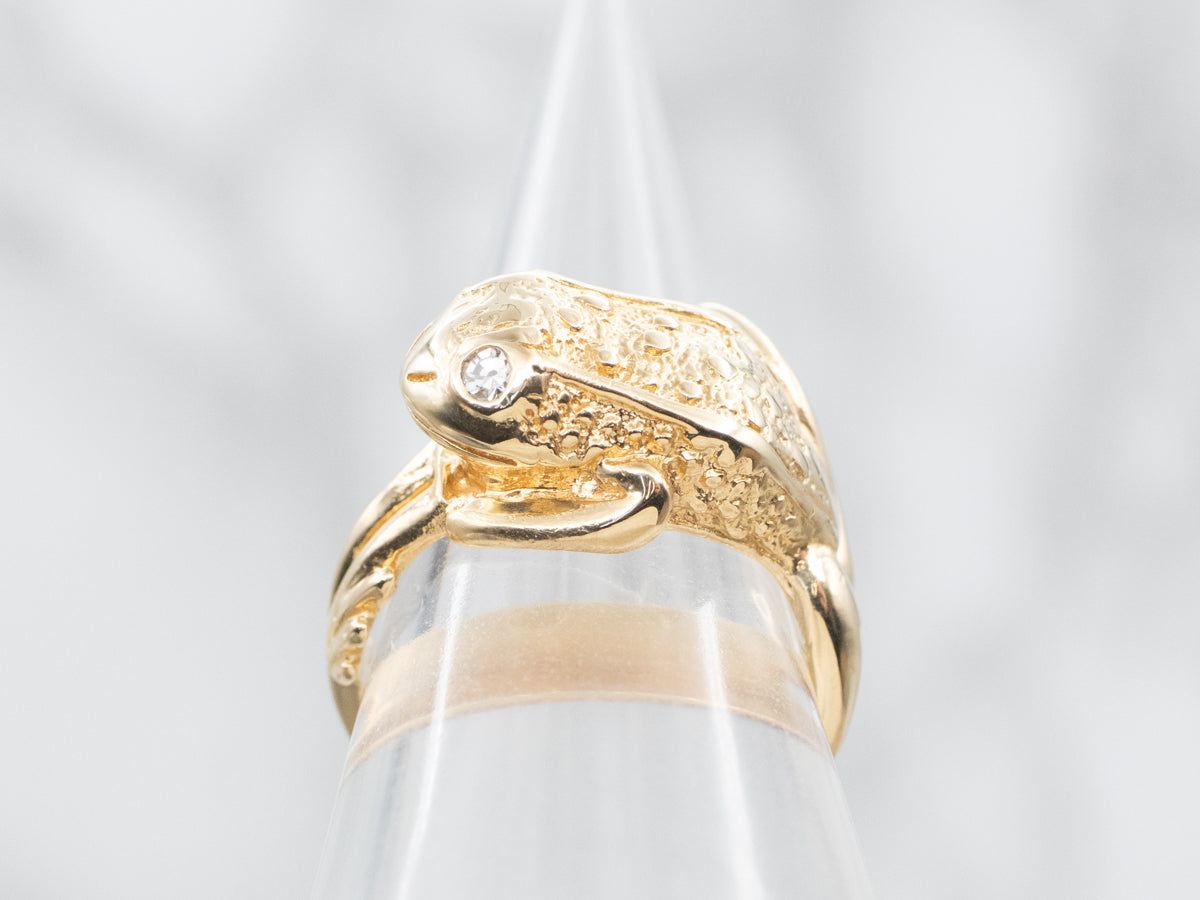 Gold Frog Statement Ring with Diamond Eyes