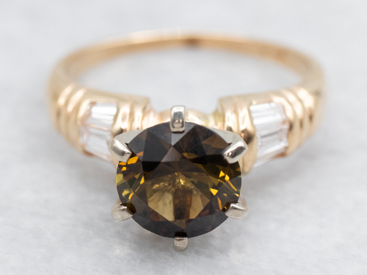 Polished Gold Dravite Tourmaline and Diamond Ring