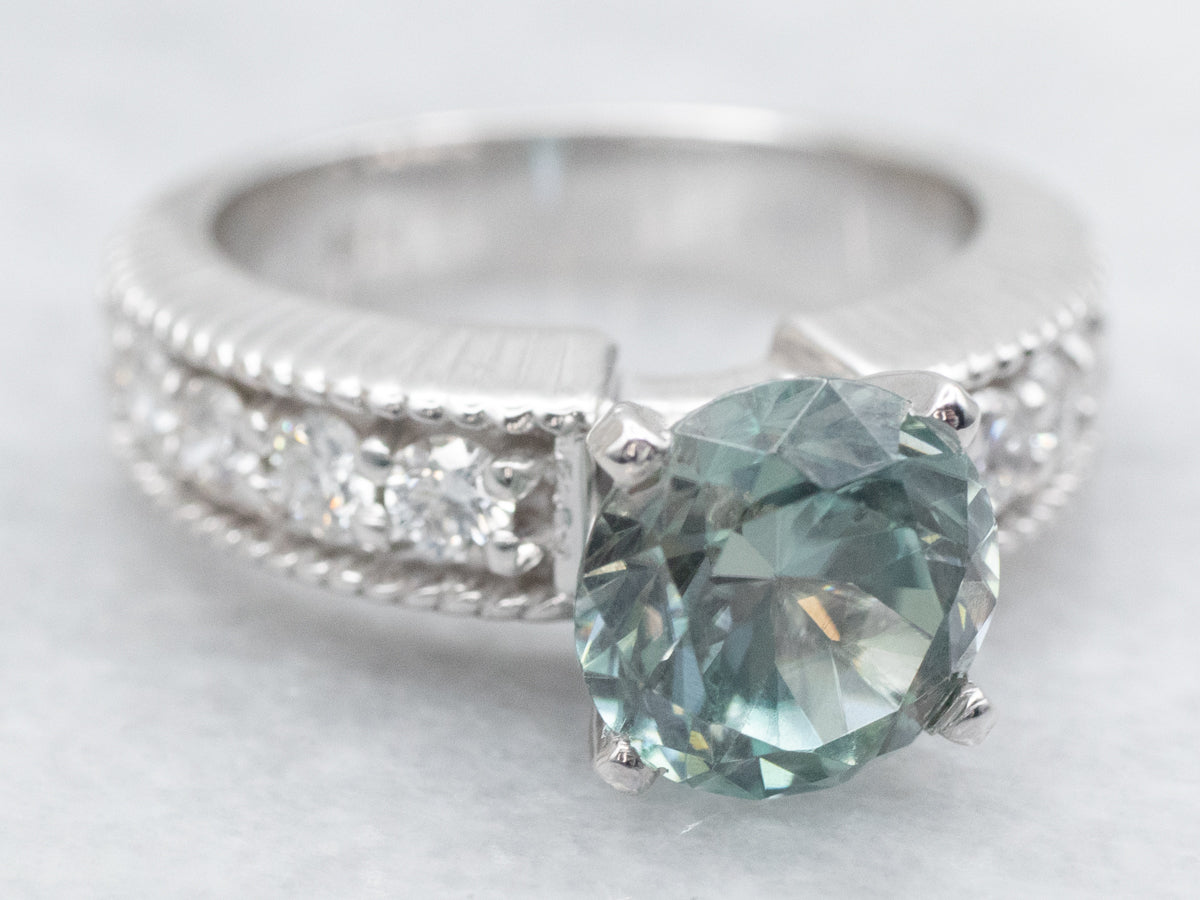 Blue Zircon and Diamond Ring