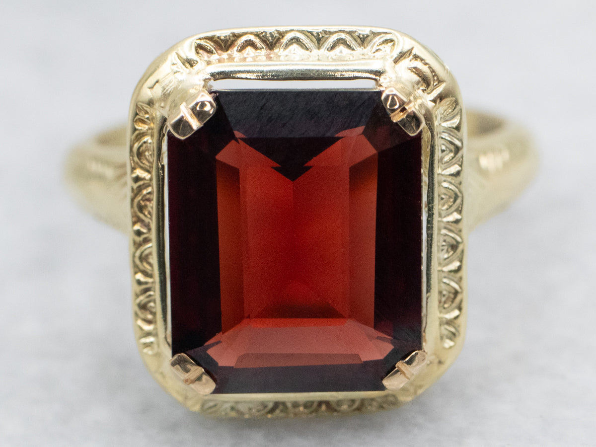 Patterned Frame Garnet Solitaire Ring