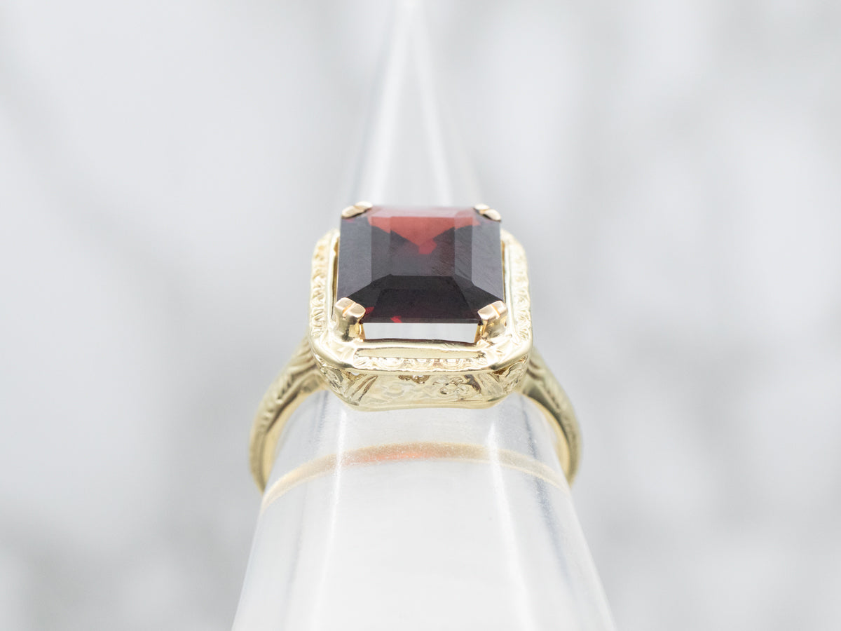 Patterned Frame Garnet Solitaire Ring