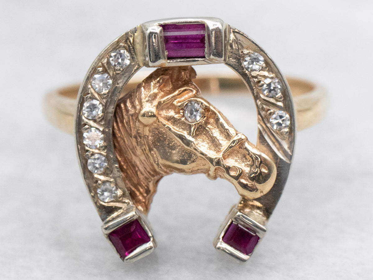 Synthetic Ruby and Diamond Horse and Horseshoe Ring
