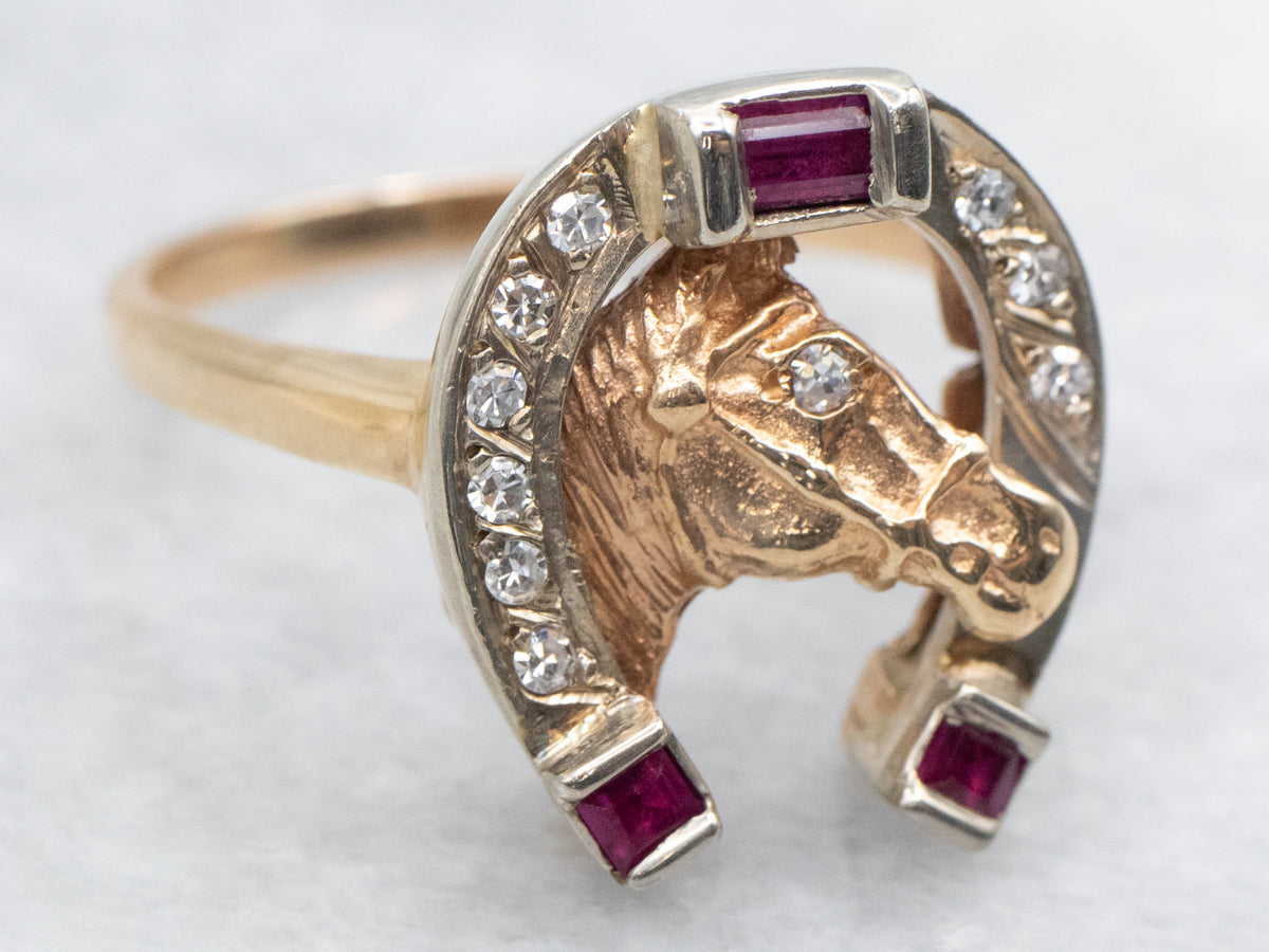 Synthetic Ruby and Diamond Horse and Horseshoe Ring