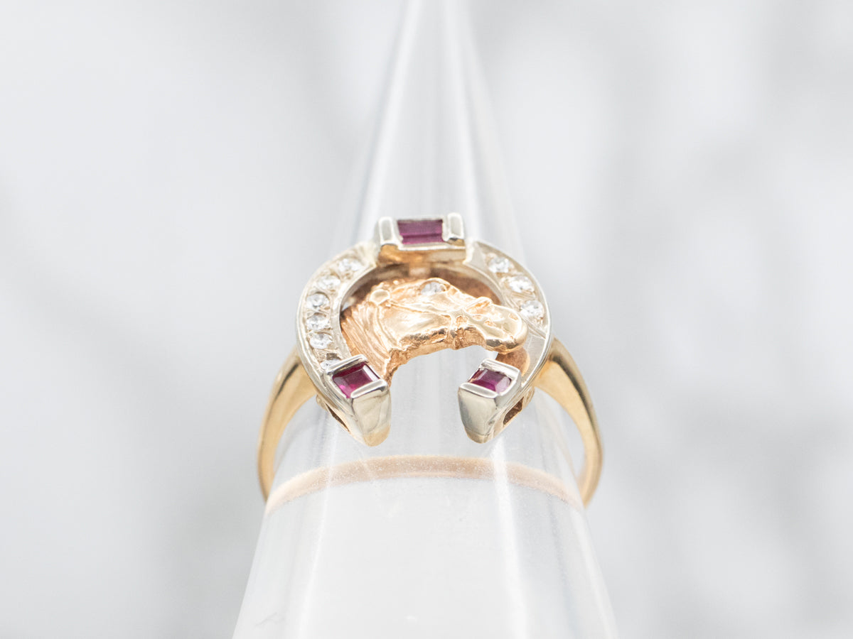 Synthetic Ruby and Diamond Horse and Horseshoe Ring