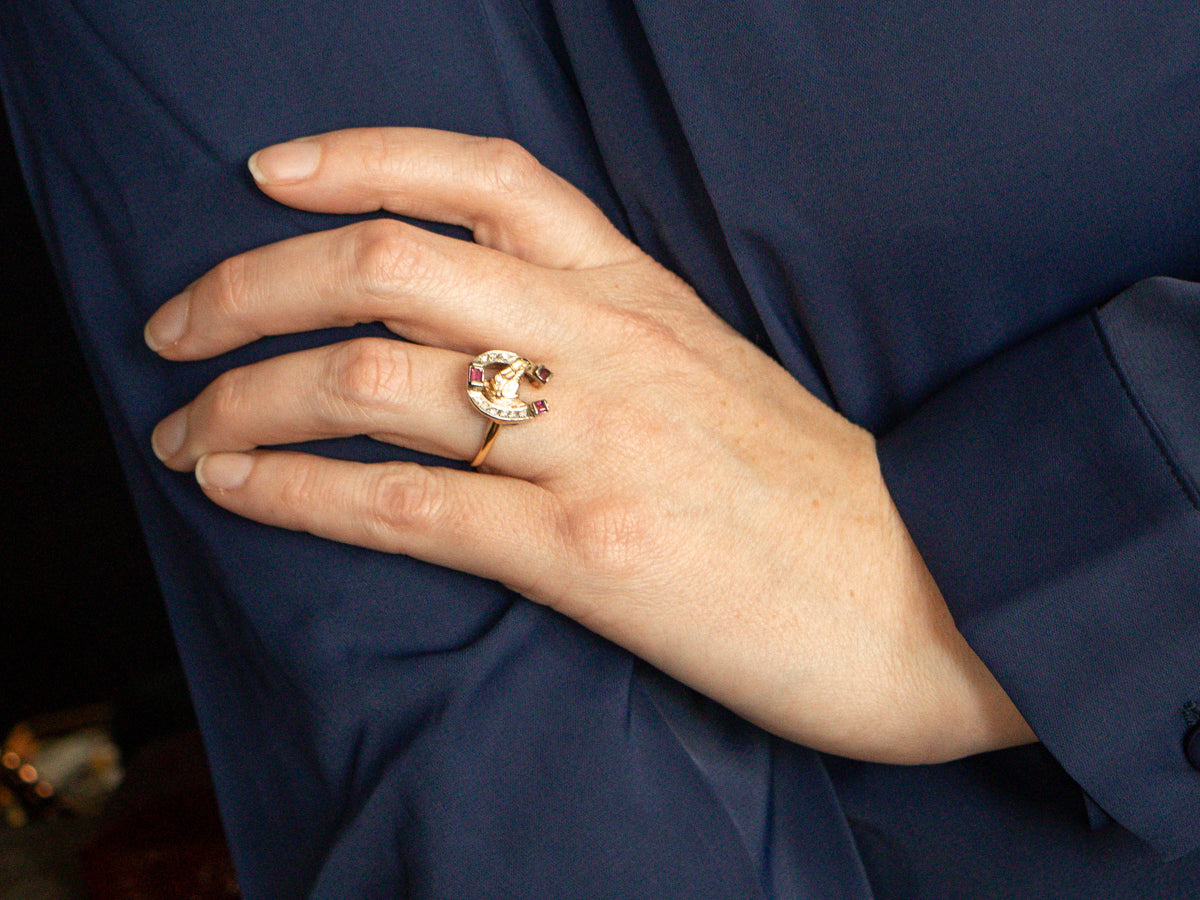 Synthetic Ruby and Diamond Horse and Horseshoe Ring