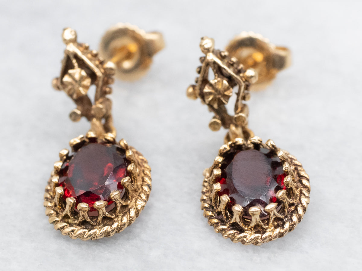 Vintage Claw Prong-Set Garnet Drop Earrings