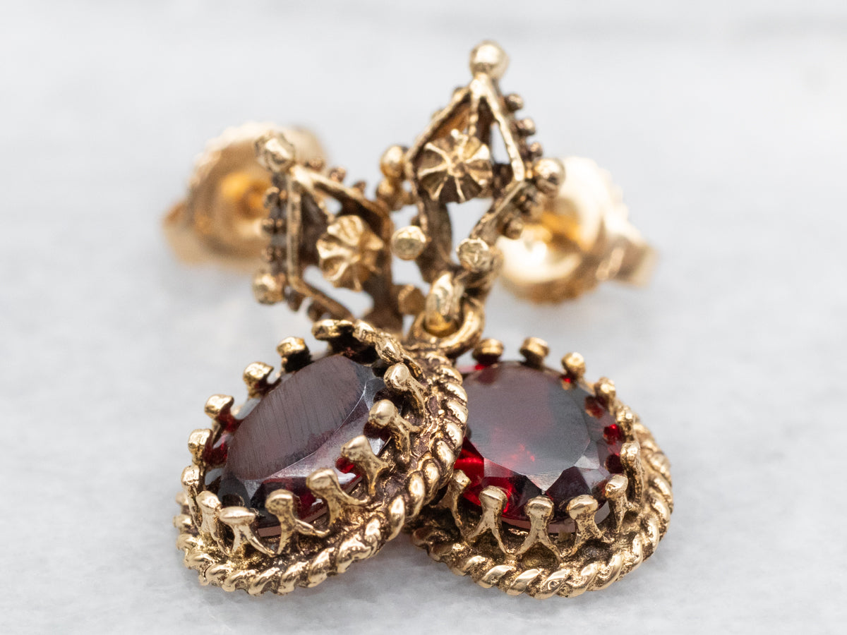 Vintage Claw Prong-Set Garnet Drop Earrings