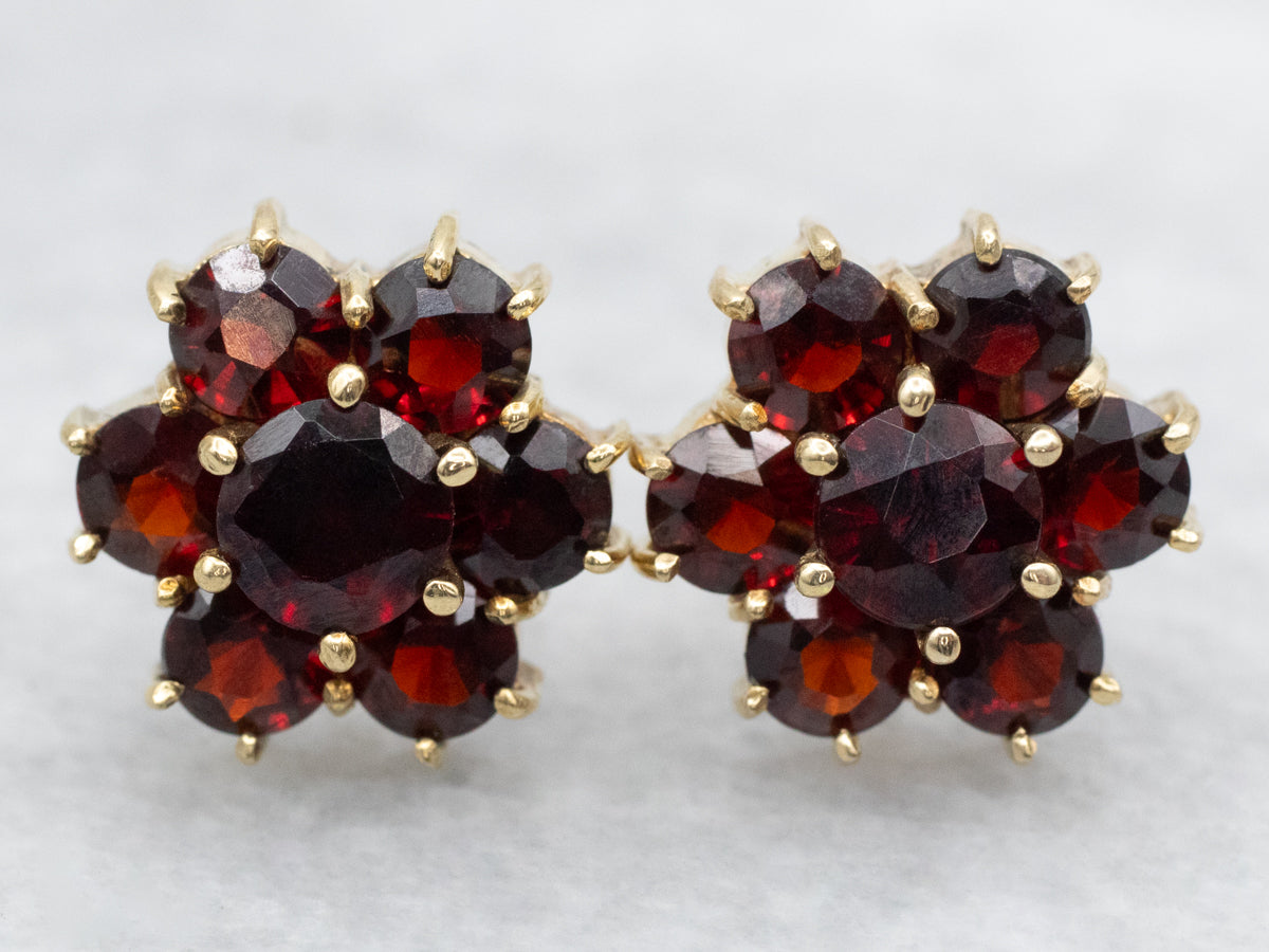 Floral Garnet Cluster Stud Earrings