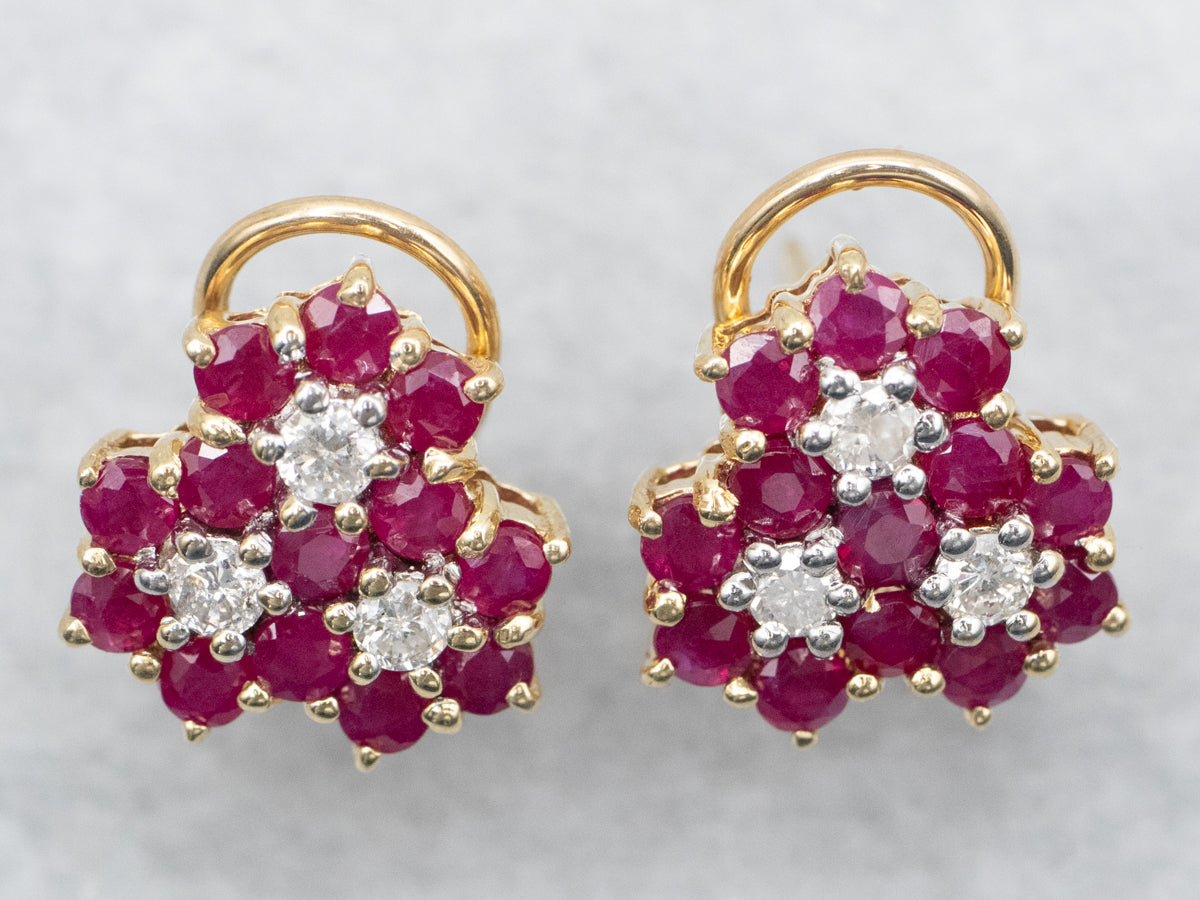 Ruby and Diamond Cluster Stud Earrings with Omega Backs