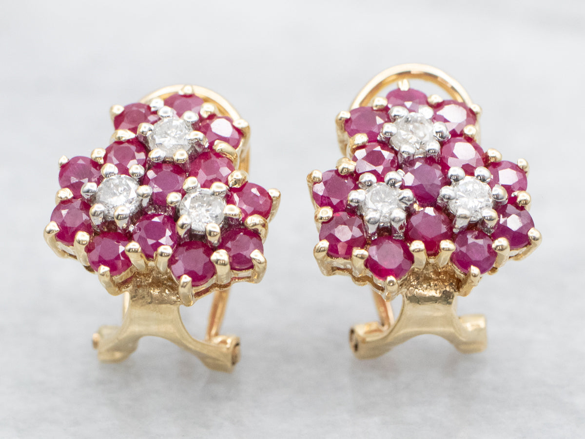 Ruby and Diamond Cluster Stud Earrings with Omega Backs