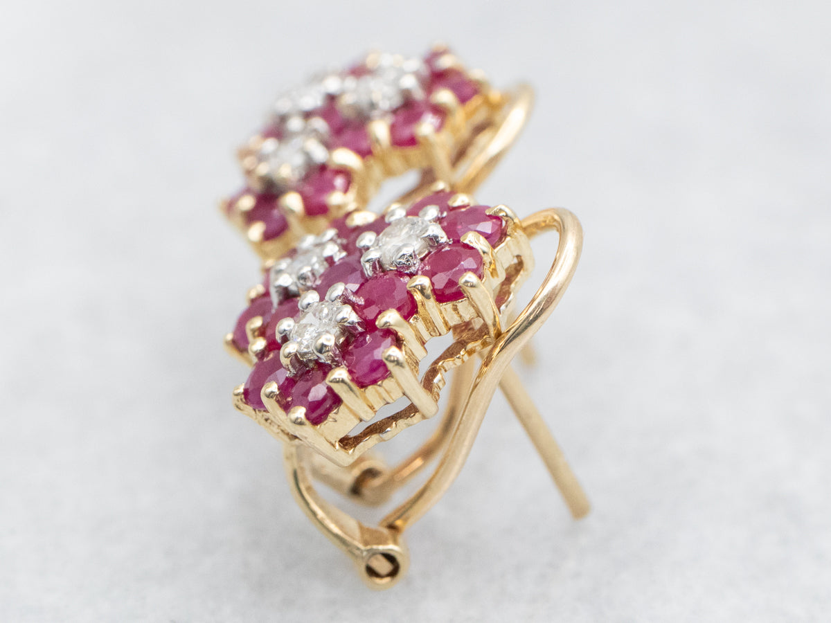 Ruby and Diamond Cluster Stud Earrings with Omega Backs