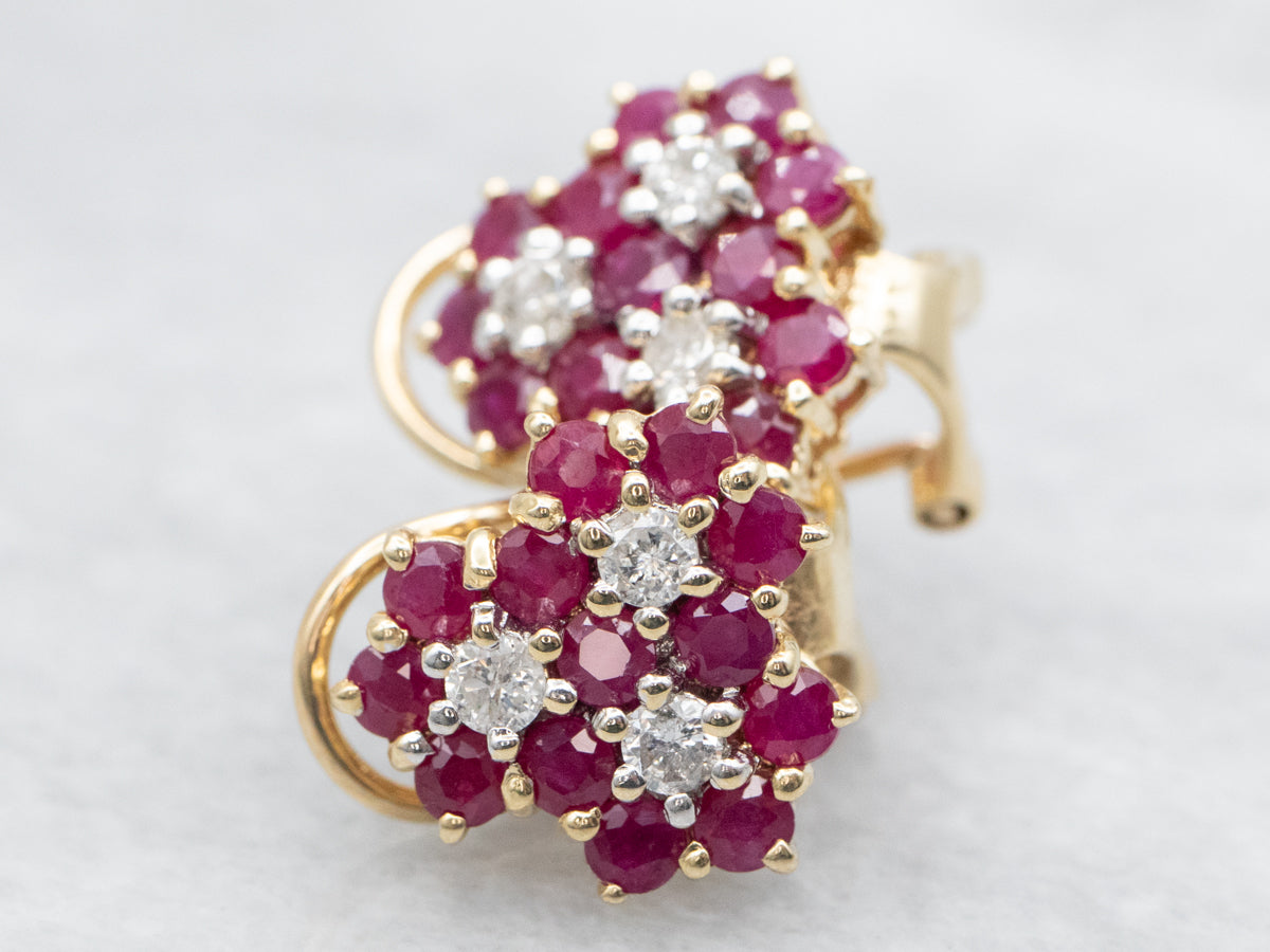 Ruby and Diamond Cluster Stud Earrings with Omega Backs